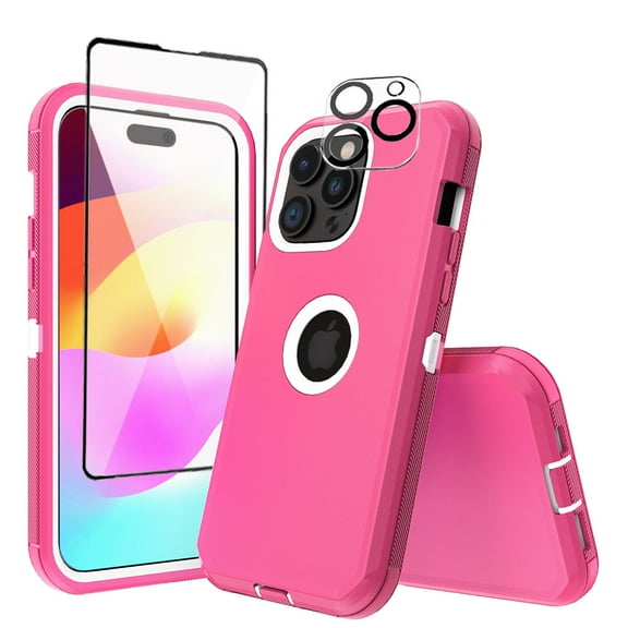 Xhy for iPhone 15 Plus Case with Screen and Lens Protector Military Grade Heavy Duty 3 in 1 Shockproof Armor iPhone 15 Plus 6.7 inch 2023 Phone - Rose Red White