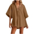 thumbnail image 1 of Yuyuzo Women Jumpsuit V-Neck Half Button Collared Rompers Short Sleeve Oversized Lightweight Overalls, 1 of 7