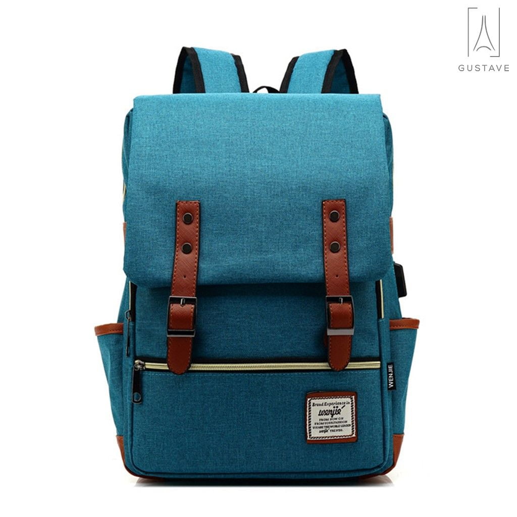 Gustave Canvas Anti-Theft Laptop Backpack for Men Women Large Capacity Casual Travel Backpack Daypack Computer Bag with USB Charging Port "Blue"