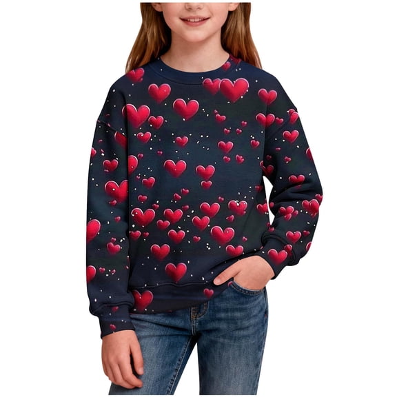 Valentine's Day Girls Clothes Cute Heart Printed Long Sleeve Tops Crewneck Sweatshirt for Girls Size 1-15