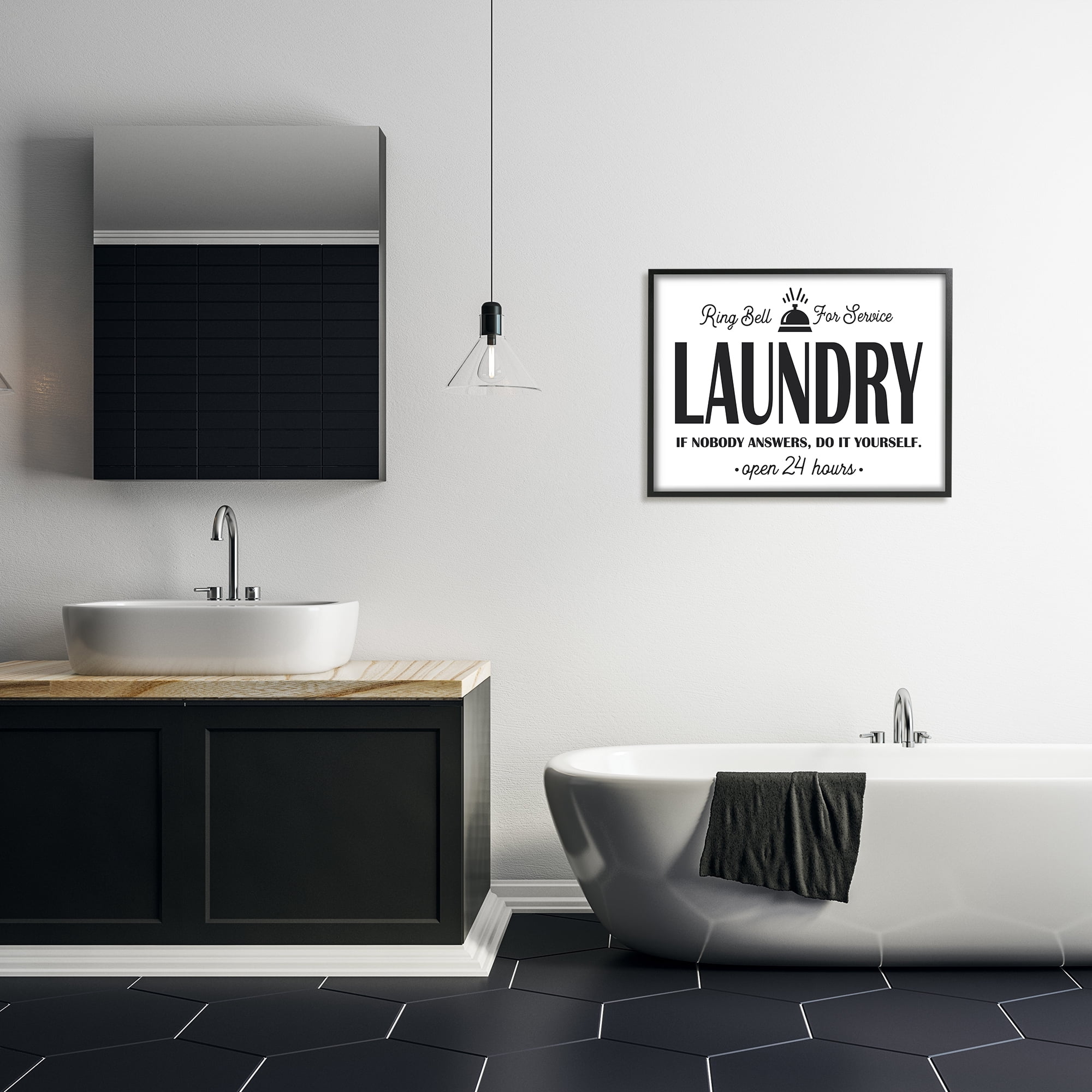 Stupell Industries Ring Bell for Service Sign Sassy Laundry Phrase Graphic Art Black Framed Art Print Wall Art, 24x30, by Lettered and Lined
