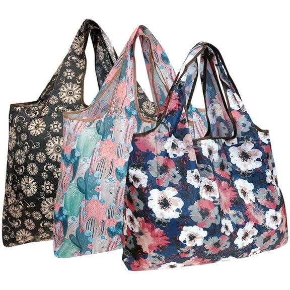 Wrapables Large Foldable Tote Nylon Reusable Grocery Bag, 3 Pack, Cacti, Floral, Poppies