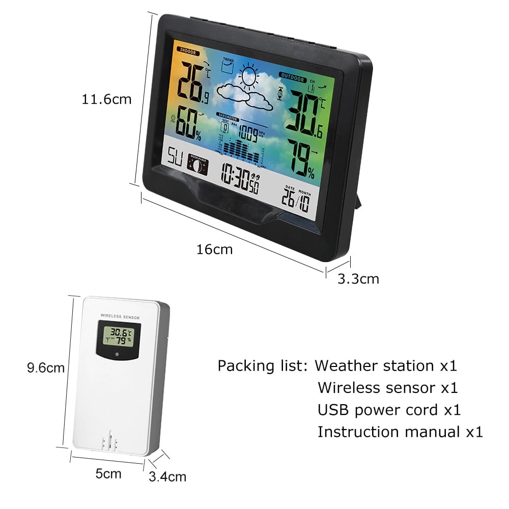 Wireless Weather Station Indoor  Color Screen Weather Forecast Station with  Sensor Digital Temperature and Humidity Gauge with Alarm Clock Moon Phase Backlight Sooze Mode