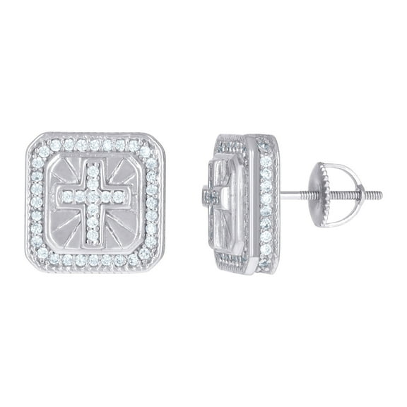925 Sterling Silver Mens Cubic Zirconia Square Cross Religious Stud Earrings 12.2x12.2mm Wide Earring for Men