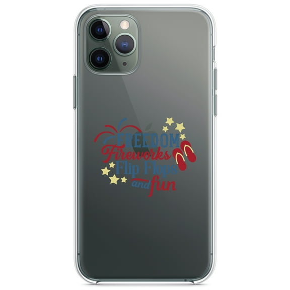 DistinctInk Clear Shockproof Hybrid Case for iPhone 11 (6.1" Screen) - TPU Bumper Acrylic Back Tempered Glass Screen Protector - Freedom Fireworks Flip Flops & Fun