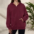 thumbnail image 6 of Soft Fleece Zip-Up Hoodie for Women, Long Sleeve Drawstring Open Front Sweatshirt - Loose Fit Casual Fall Winter Jacket Wine S, 6 of 6