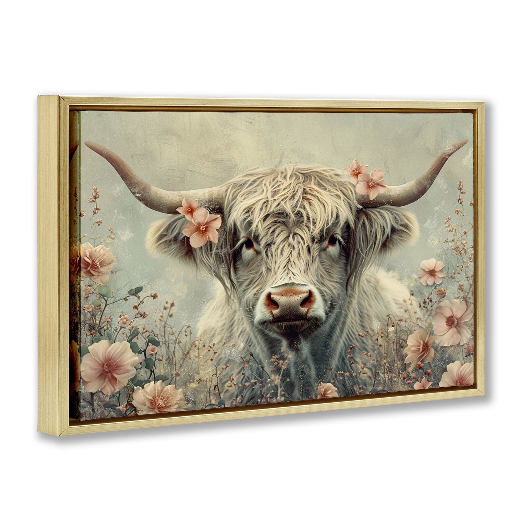Stupell Industries Cow with Cherry Blossoms Animals Painting Gold Floater Framed Canvas Art Print Wall Art, 25 x 17