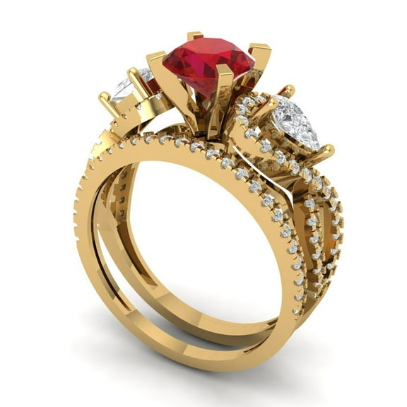 Clara Pucci 14K Yellow Gold Round Cut 1Ct Simulated Ruby Engagement Ring Matching Band - Luxury Box Included