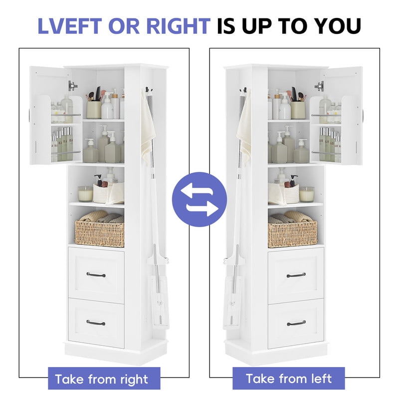 Freestanding Bathroom Storage Cabinet, Pantry Sideboard Storage Cabinet with Side Hooks, Drawers & Adjustable Shelf