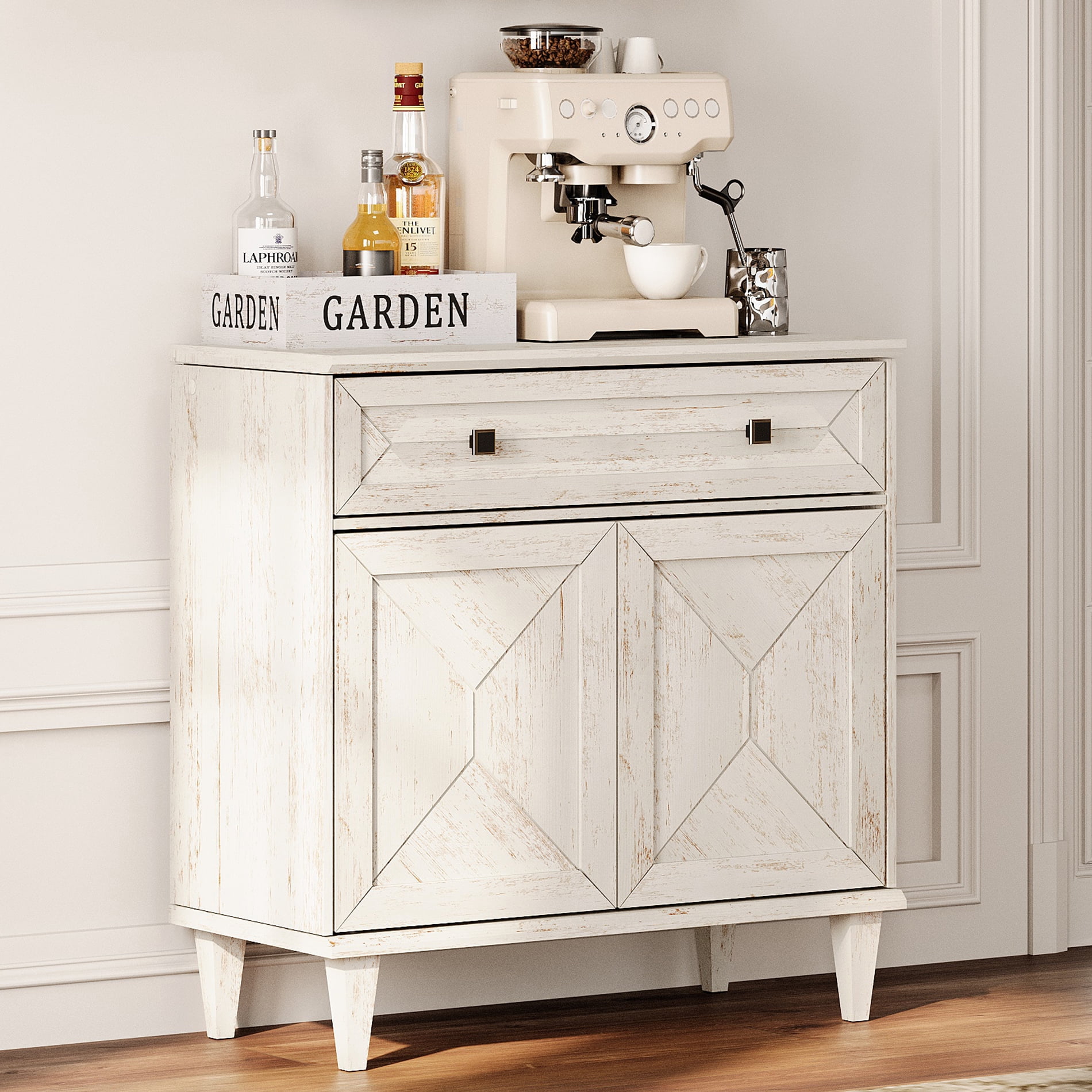 WAMPAT Handmade Patchwork 31.5" TV Stand with Cabinet, Fits up to 36" TV, White