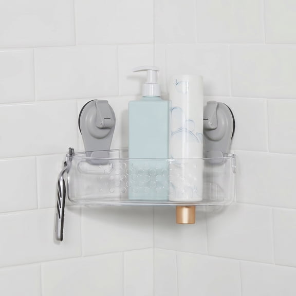 Mainstays Wall-Mounted Corner Suction Bath Basket, Easy to Install Shower Caddy, No Tools, Clear