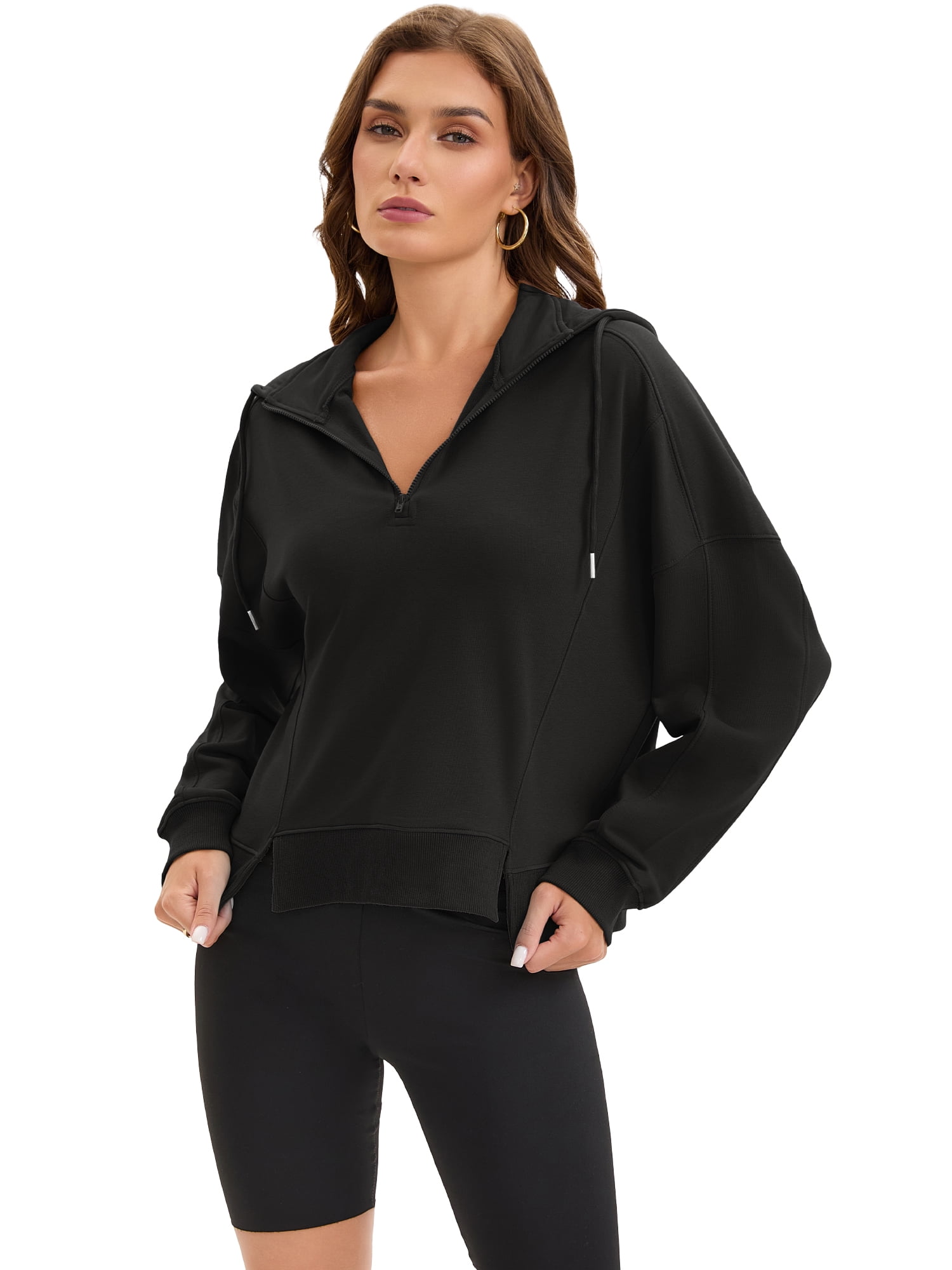 DARING DIVA Women's Stylish Cropped Half Zip Hoodie with Trendy Side Slits S Black