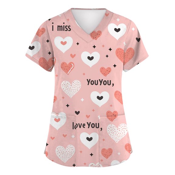 Valentine Day Scrubs for Women V Neck Cute Love Heart Print Plus Size Uniforms Short Sleeve Medical Nursing Scrub Tops with Pockets Pink M