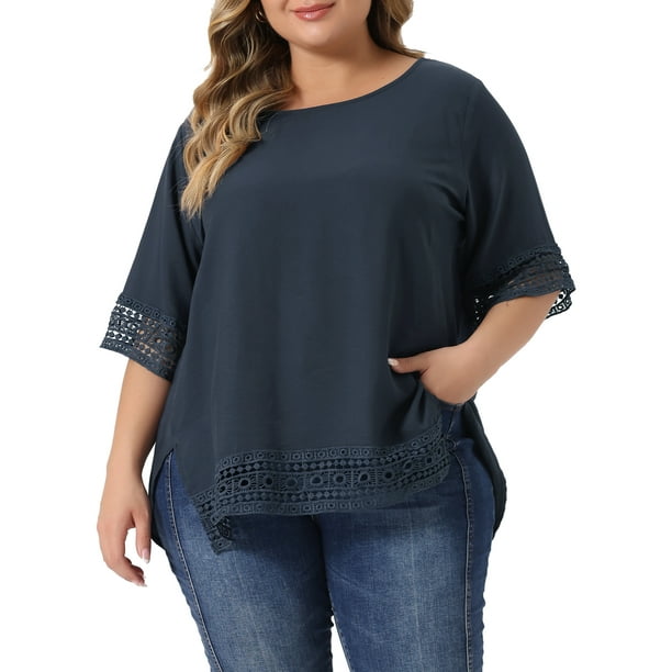 Blusas Casuales de Manga Corta de Encaje de Talla Grande para Mujeres Agnes Orinda, Cuello Redondo, 2X, Azul Marino