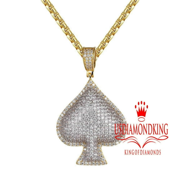14K Yellow Gold Tone Ace Of Spade Playing Card 3D Mens Pendant Charm Chain Set