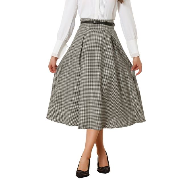 Falda de cuadros vintage de cintura alta con cinturón A-Line para mujer INSPIRE CHIC en negro y albaricoque XS