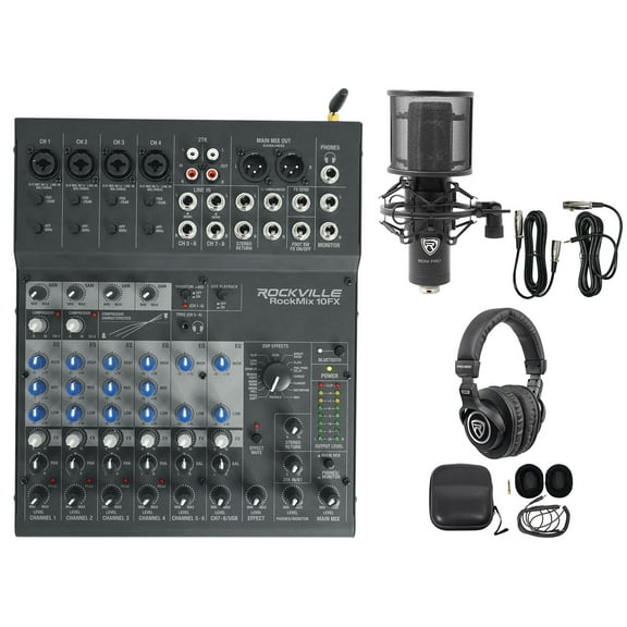 Rockville ROCKMIX 10FX 10 Channel Mixer USB Recording Interface Mic Headphones