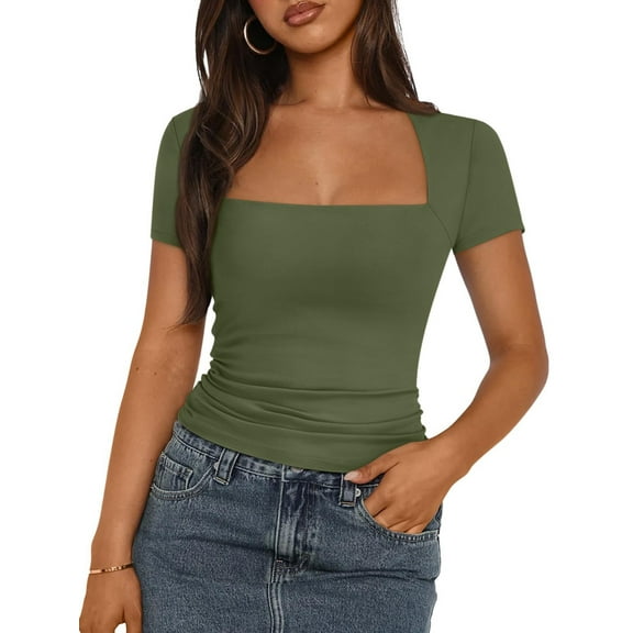Womens Square Neck Short SleeveTops Spring Summer Slim Fit Tees Shirts