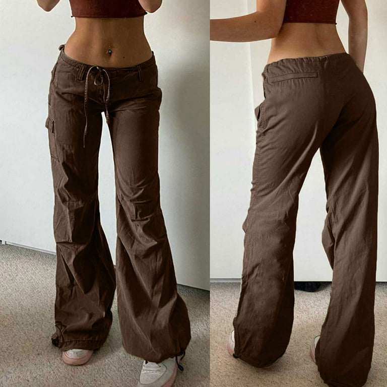 NIUREDLTD Women's Wide Leg Baggy Trousers Low Waist Solid Color Drawstring  Lace Up Cargo Pants With Pockets Brown XL
