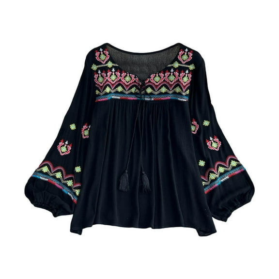 Milageto Women's Mexican Embroidered Tops Bohemian Blouse for Vacation Shopping Party Black