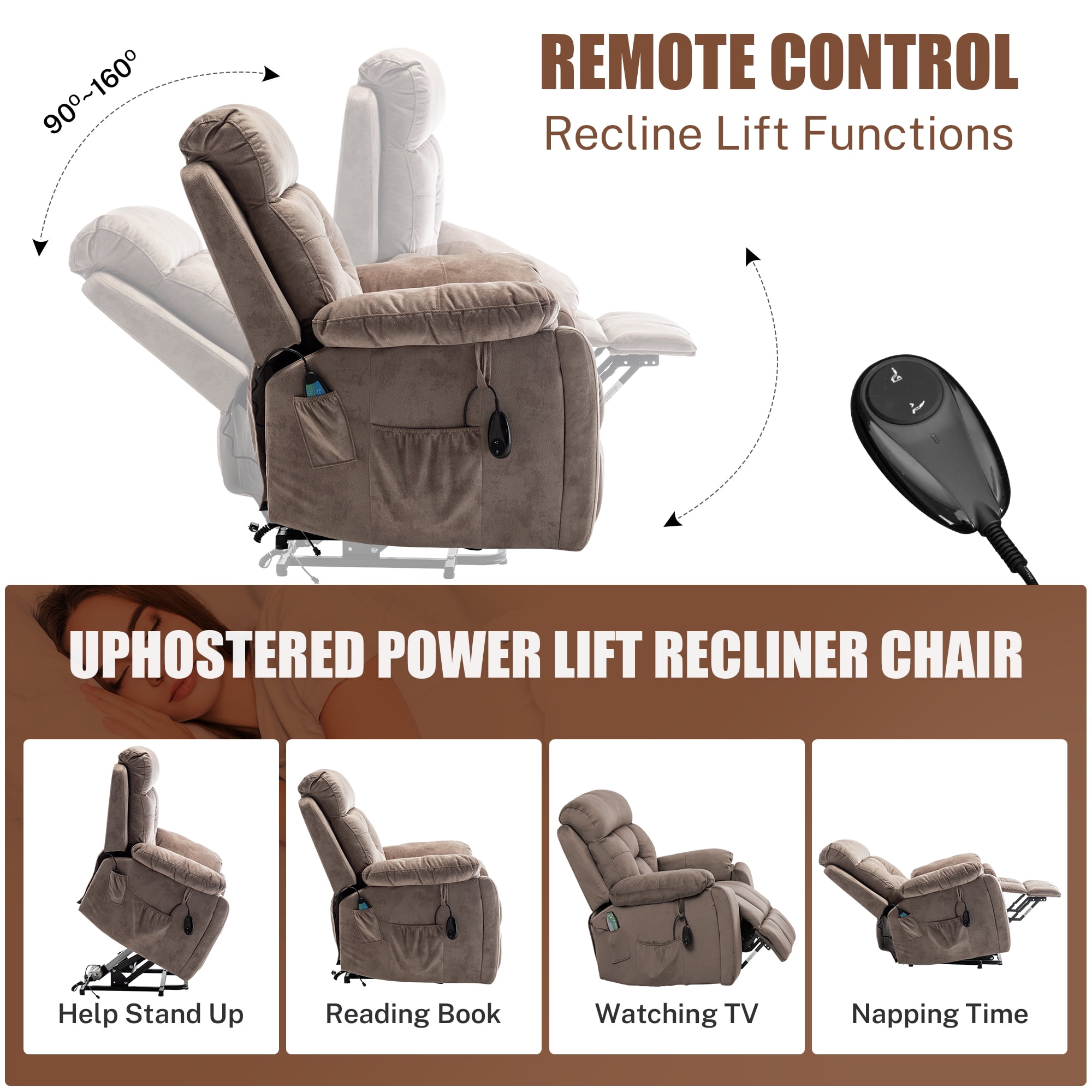 PAPROOS Oversized Electric Massage Lift Chair, Large Power Lift Recliner with Heat Therapy, Fabric Reclining Sofa with Remote, Hidden Cup Holder and Side Pocket for Elderly Seniors, Antique Brown