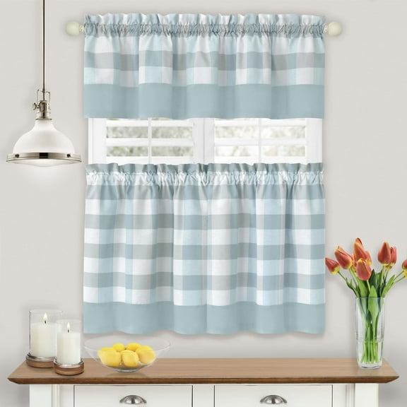 Achim Hunter Indoor Polyester/Cotton Light Filtering Checkered Tier & Valance, Ice Blue, 57-in W x 24-in L