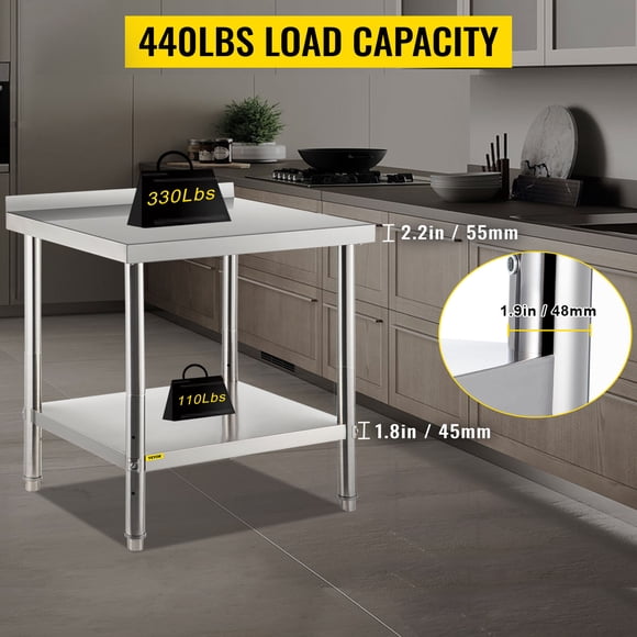 Mesa de preparación de acero inoxidable VEVOR, 36 x 24 x 35 pulgadas, capacidad de carga de 440 libras, mesa de trabajo de metal resistente con protector contra salpicaduras y estante inferior