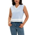 thumbnail image 1 of ATHLECHIC Camisetas sin mangas de punto de verano para mujer, color bloque, escote en V, M, azul claro y blanco, 1 of 1
