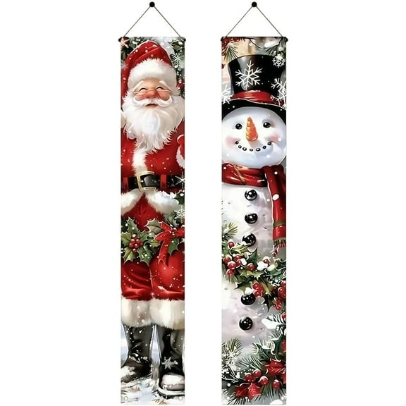 2PCS Christmas Porch Banner Decorations 71 x 12 Inch Santa and Snowman Hanging Sign Outdoor Vertical Front Door Holiday Banner for Winter Yard Party Home Wall Entryway Decor