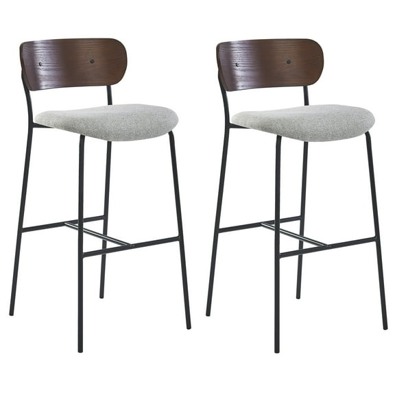 Set of 2 Bar Stools with Wooden Back and Gray Fabric Modern Design Style Dining Room