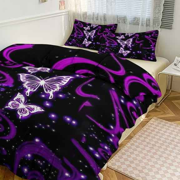 3 Pcs Soft Bedding Set, Includes 1 Duvet Cover with Zipper And 2 Pillow Shams,Glowing Butterfly Purple Background Twin(86"x70")