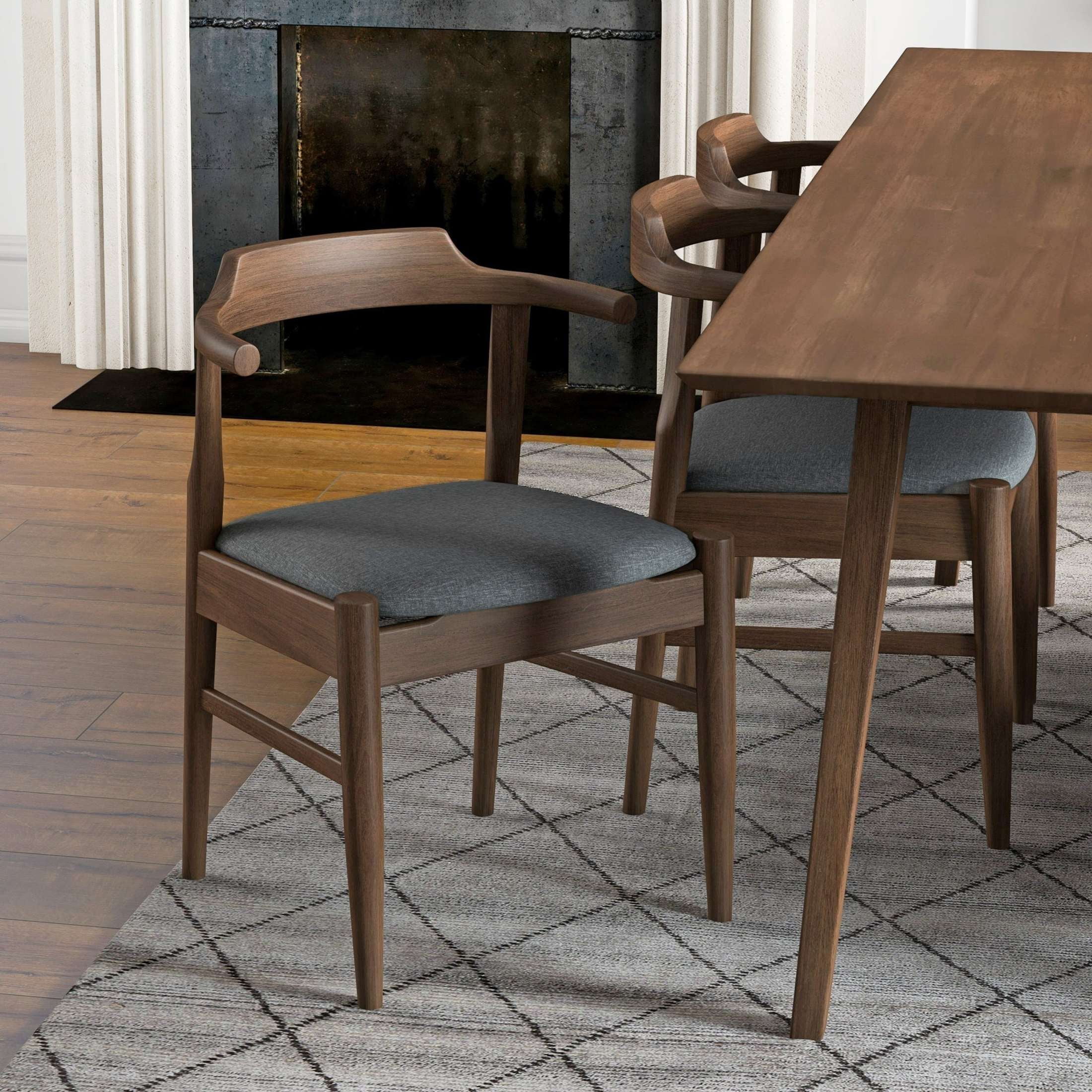 Noble House Ellery Leon Dining Chair Set, Mid-Century Modern Solid Wood Frame with Fabric Upholstery, Set of 2, Light Gray and Brown