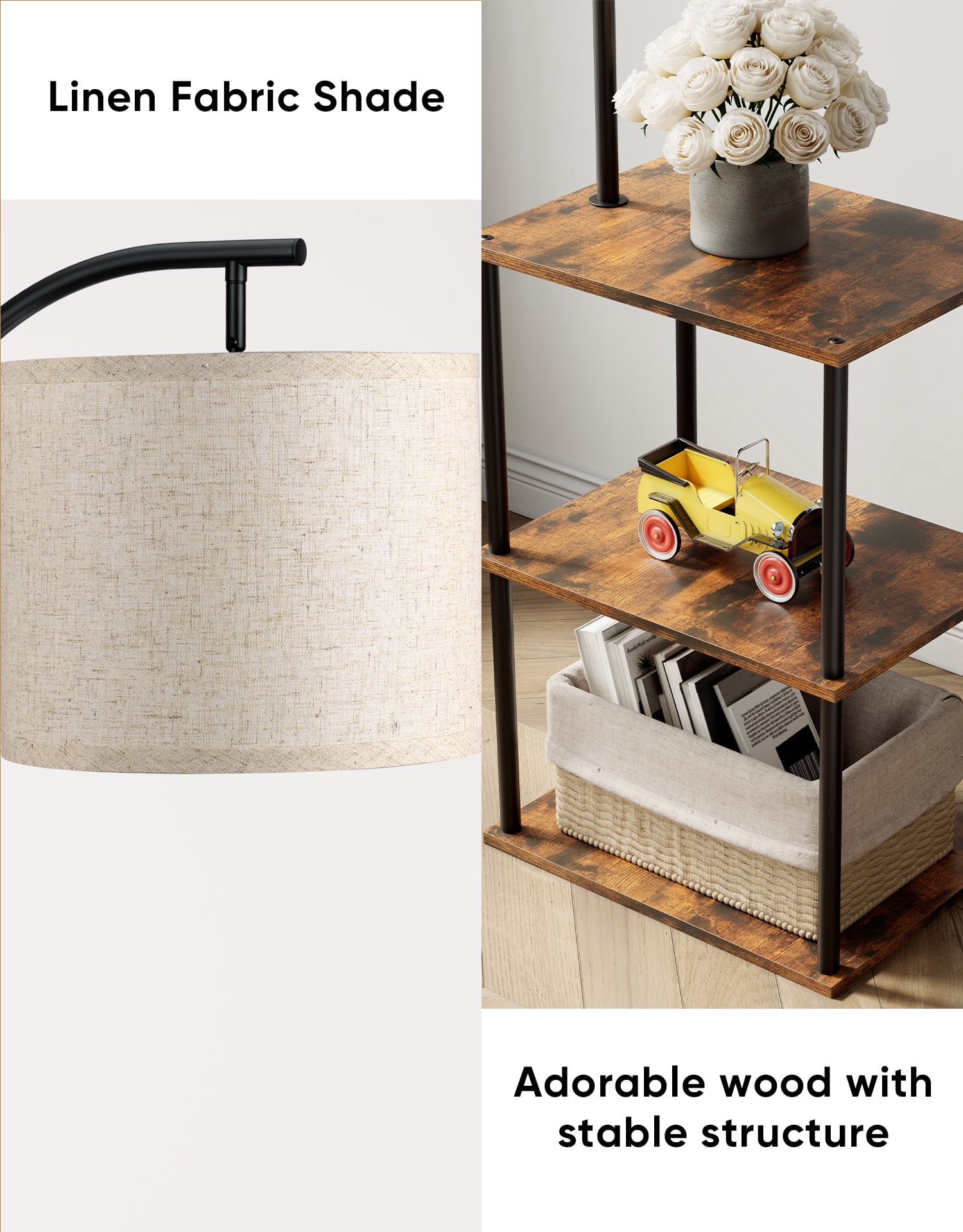 Floor Lamp with Table, Night Stand with Lamp with 3CCT LED Bulb, End Table with Storage Shelves for Home Décor, Rustic Brown