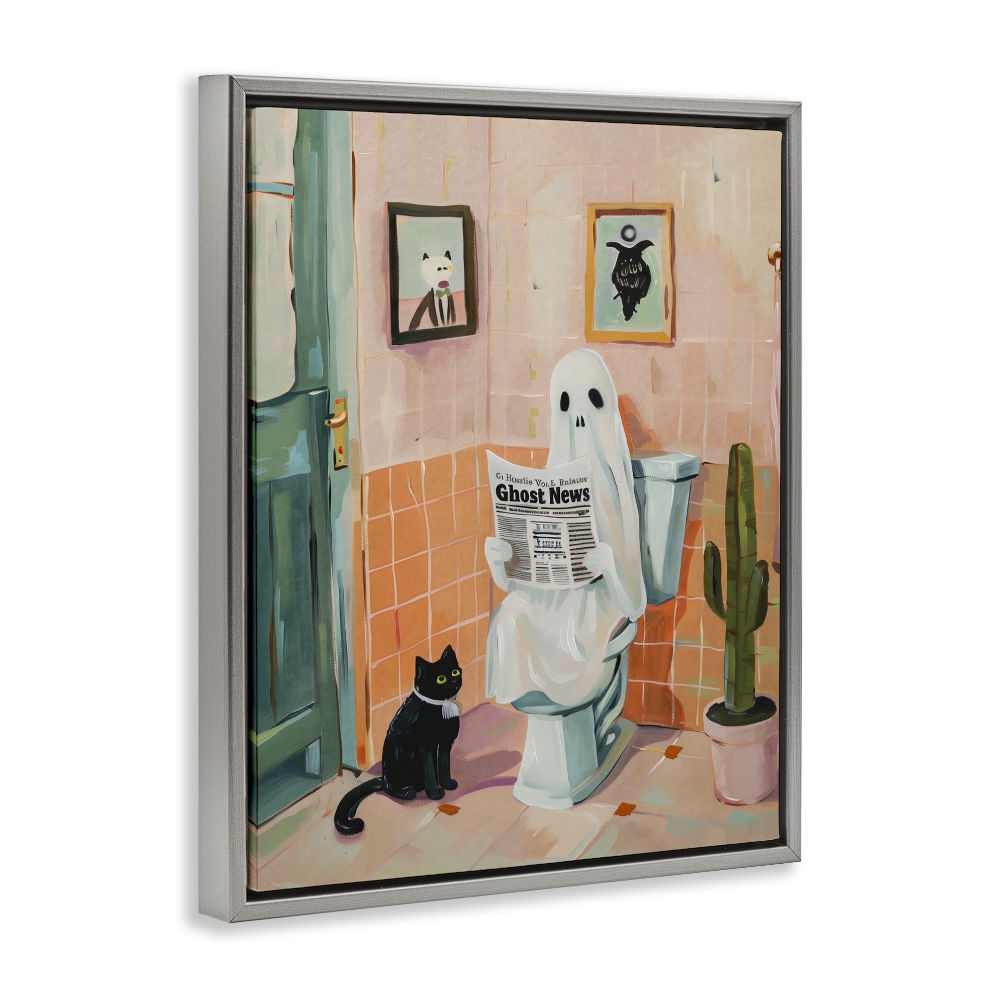 Stupell Industries Ghost Reading Newspaper Gray Framed Floater Canvas Wall Art, design by The Prints Vibe