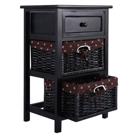 - Costway Black Night Stand 3 Tiers 1 Drawer Bedside End Table Organizer Wood W/2 Baskets