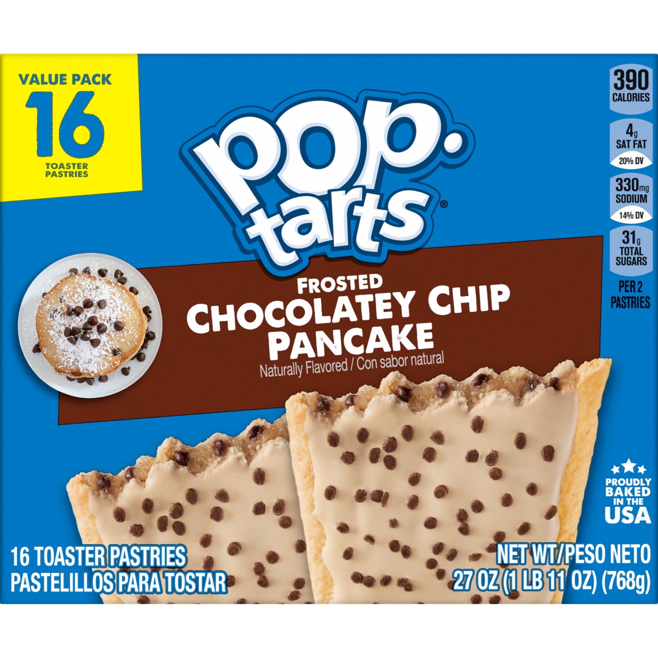 (8 pack) Pop-Tarts Frosted Chocolatey Chip Pancake Toaster Pastries, Breakfast Foods, Shelf-Stable, 27 oz (16 Count)