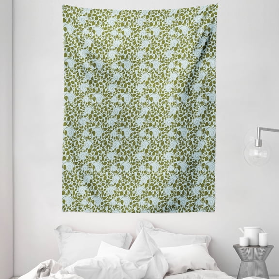 Leaves Tapestry, Hand Drawn Silhouettes of Swirled Stalks Foliage Simplistic Illustration, Wall Hanging for Bedroom Living Room Dorm Decor, 60W X 80L Inches, Pale Blue Reseda Green, by Ambesonne