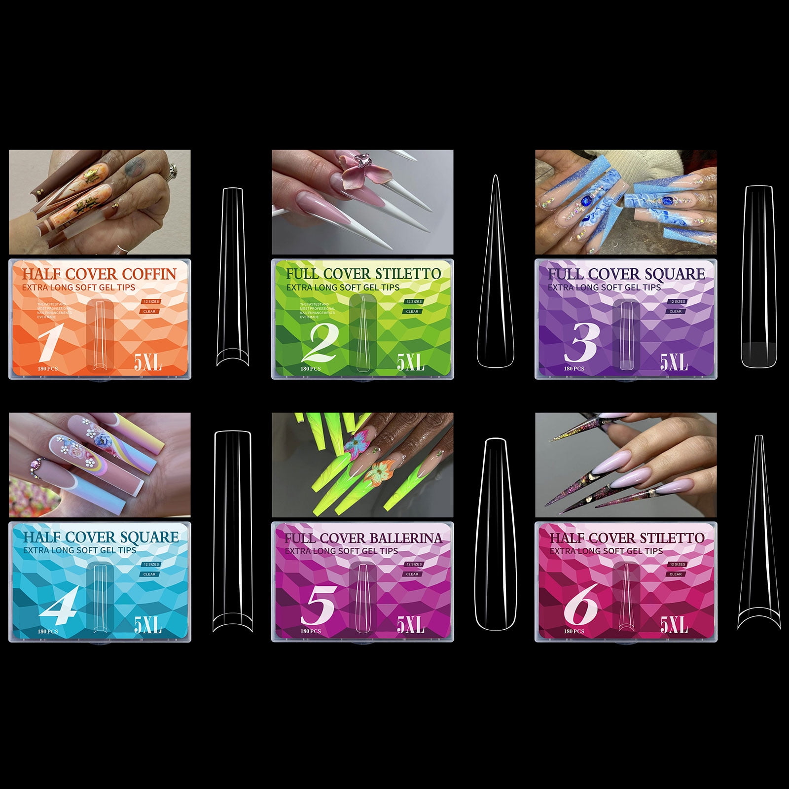 180pcs Extra Super Long 5XL Transparent Nails Tips for Salon Quality French Nails Art Wedding Party Nails Decorations