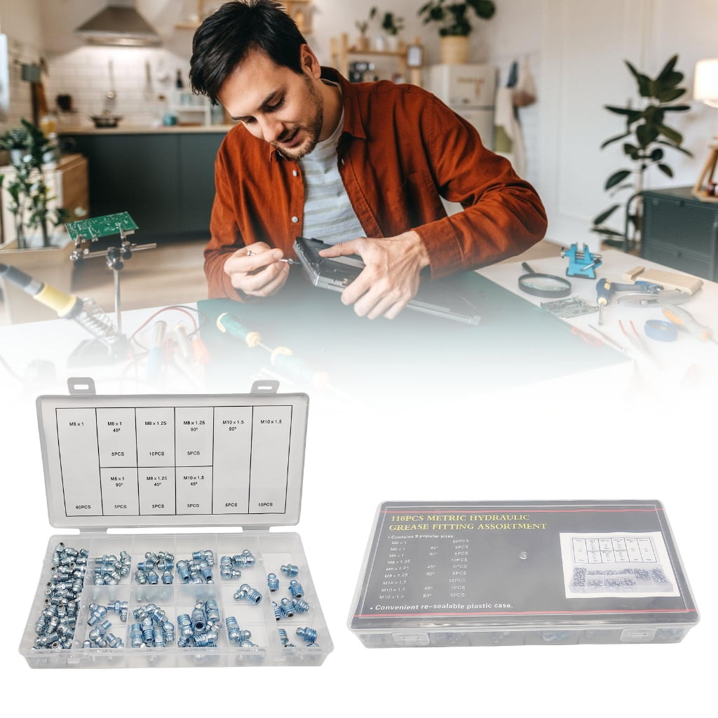 110Pcs Grease Fittings Metric Grease Fitting Assortment Kit Standard Grease Fittings Grease Zerks Straight and Angled