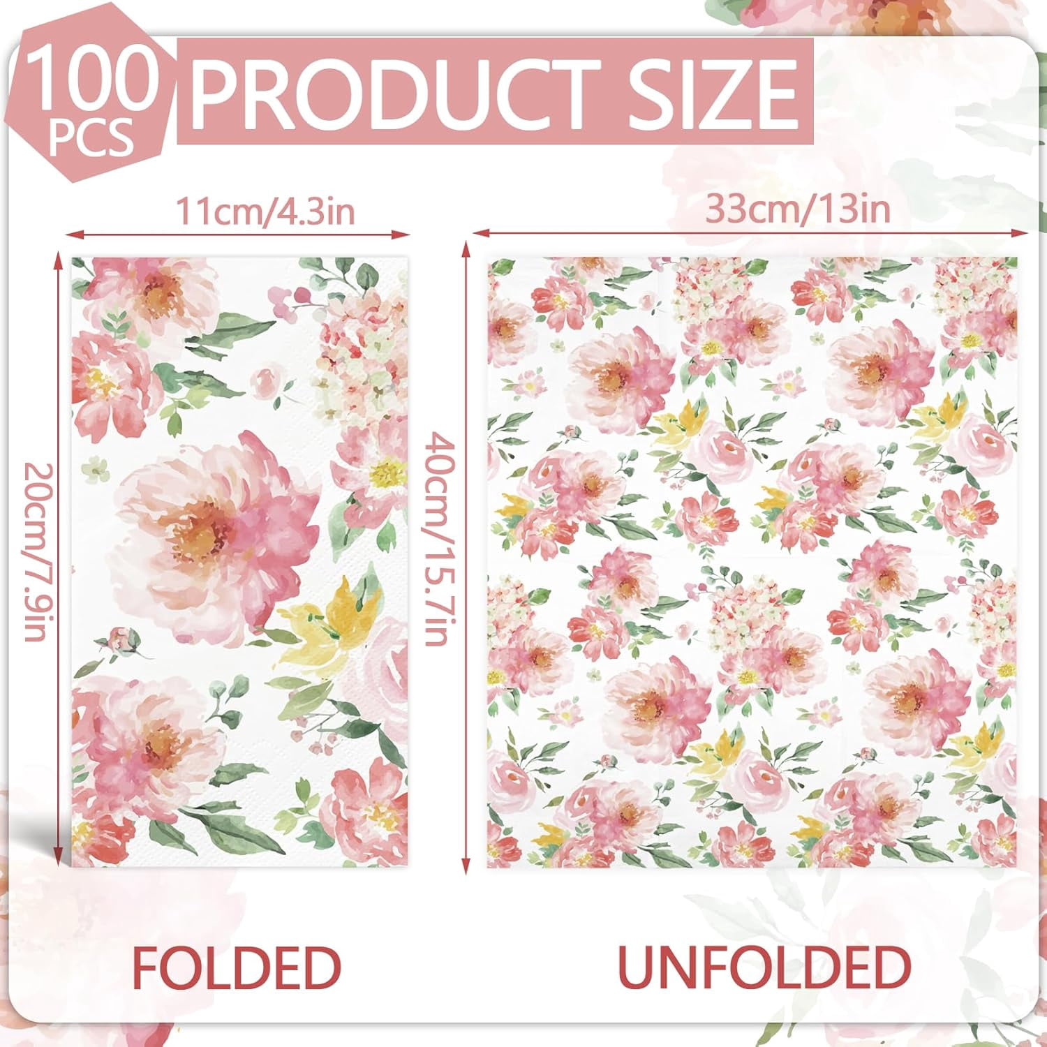 100PCS Floral Napkins Watercolor Flower Disposable 3 Ply Decorative Paper Hand Towels for Bathroom Pink Guest Napkins for Wedding Bridal Baby Shower Tea Party Birthday