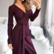 thumbnail image 3 of Vestido de cinturón de manga larga de color sólido con abertura delgada informal con cuello en V para mujer Pompotops  hdfakjf7430, 3 of 6