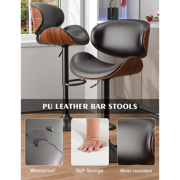 Bar Stools Modern Adjustable Swivel Barstools Armless Kitchen Counter PU Leather Upholstered Bar Stool Island Barstool with Back Set of 2 Black