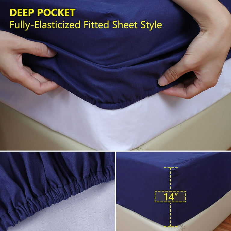 PiccoCasa Waterproof Fitted Sheet Elastic Band 14' Deep Mattress Protector  Cover 1 Pc Navy Blue Queen 60x80x14
