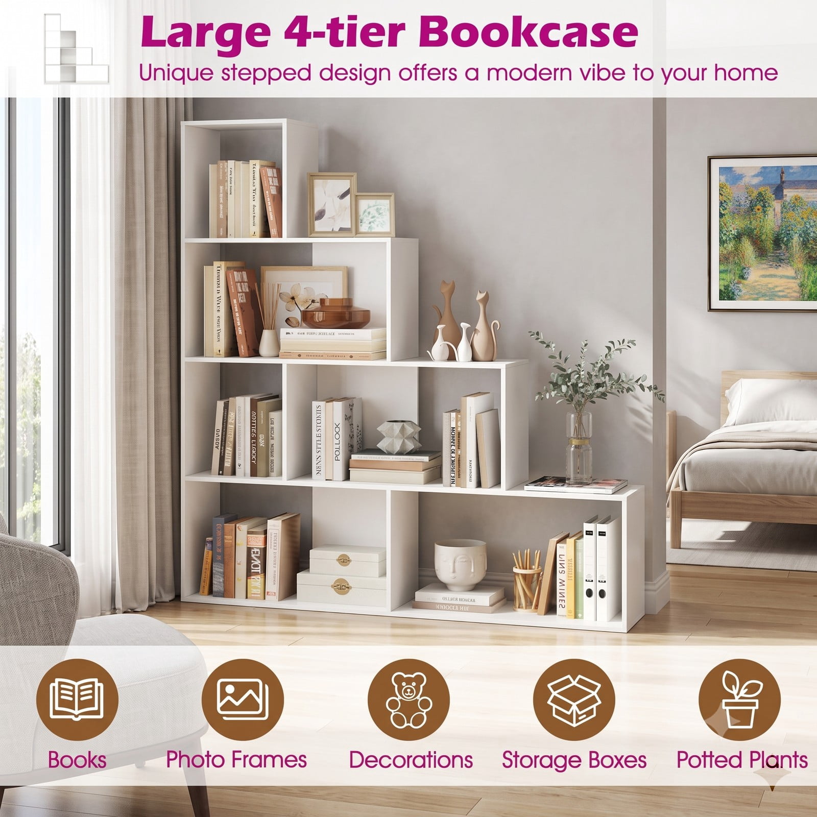 Furnibear 4-Tier Stair Bookshelf, Geometric Ladder Bookcase with 6 Open Cube Display Shelves, Freestanding Corner Storage Rack for Living Room Bedroom Home, White