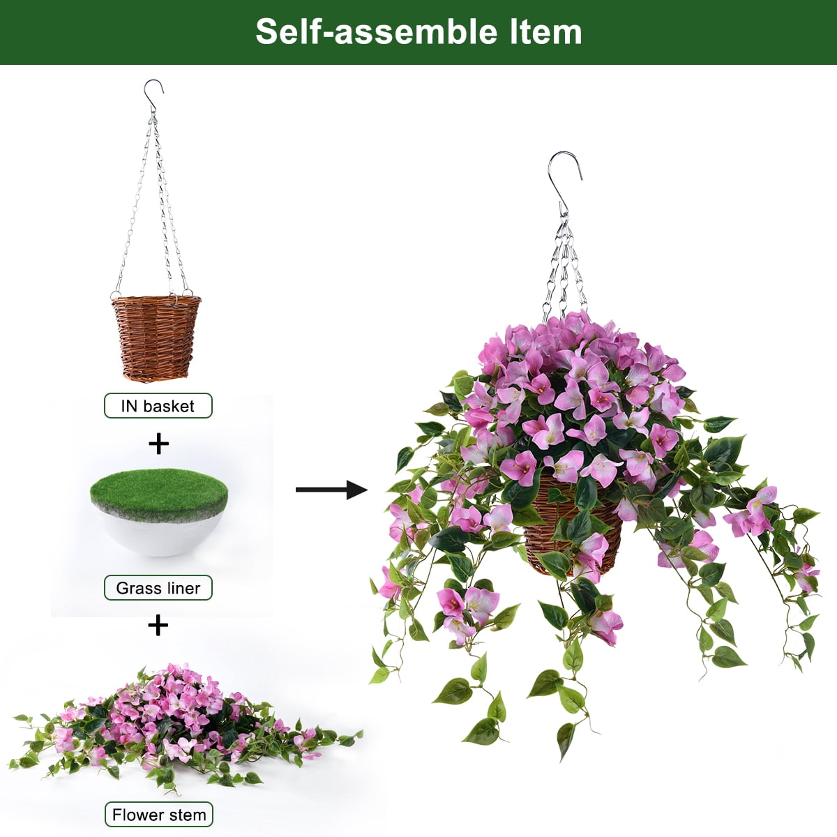 Artificial Flowers Hanging Basket with Bougainvillea Silk Vine Flowers for Patio Lawn Garden Decor,Fake Flower Centerpieces, Artificial Hanging Plant in Ivy Basket for Outdoor/Indoor(Pink)