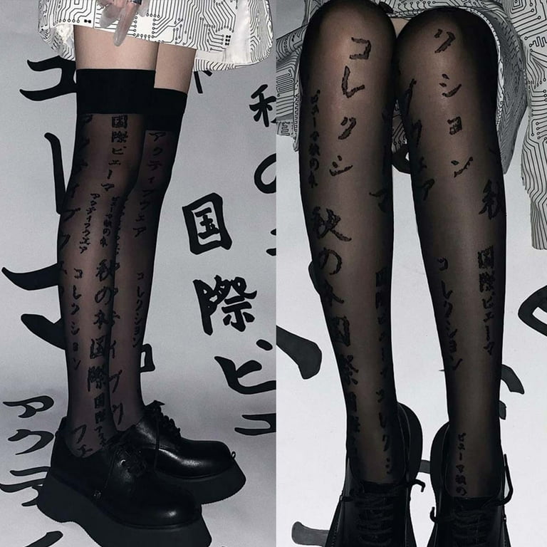 HGYCPP Women Gothic Punk Black Silky Thigh High Stockings Harajuku