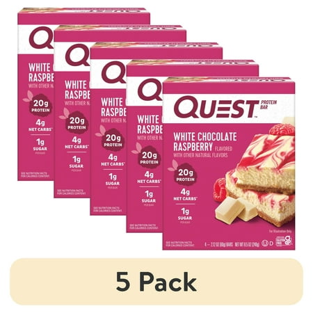 (5 pack) Quest Protein Bar, White Chocolate Raspberry, 20g Protein, Gluten Free, 4 Ct