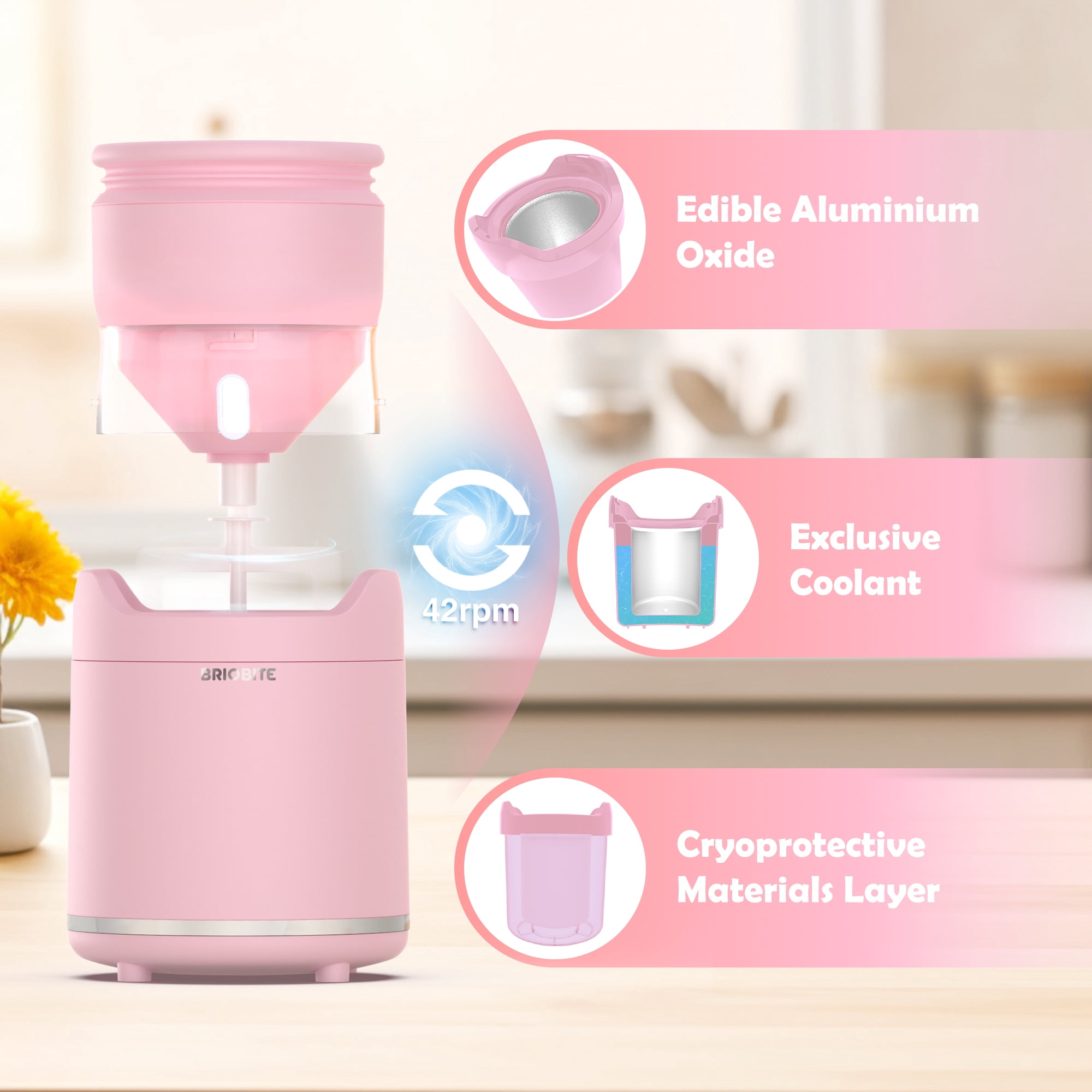 BRIOBITE Soft Serve Ice Cream Maker 0.5 Qt Rechargeable Mini Machine for Sorbet, Gelato, Frozen Yogurt Maker Pink