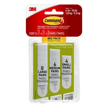 Picture Hanging Strips Big Pack, Removable, (4) Small, (6) Medium, (8) Large, White, 18 Pairs/pack | Bundle of 5 Each