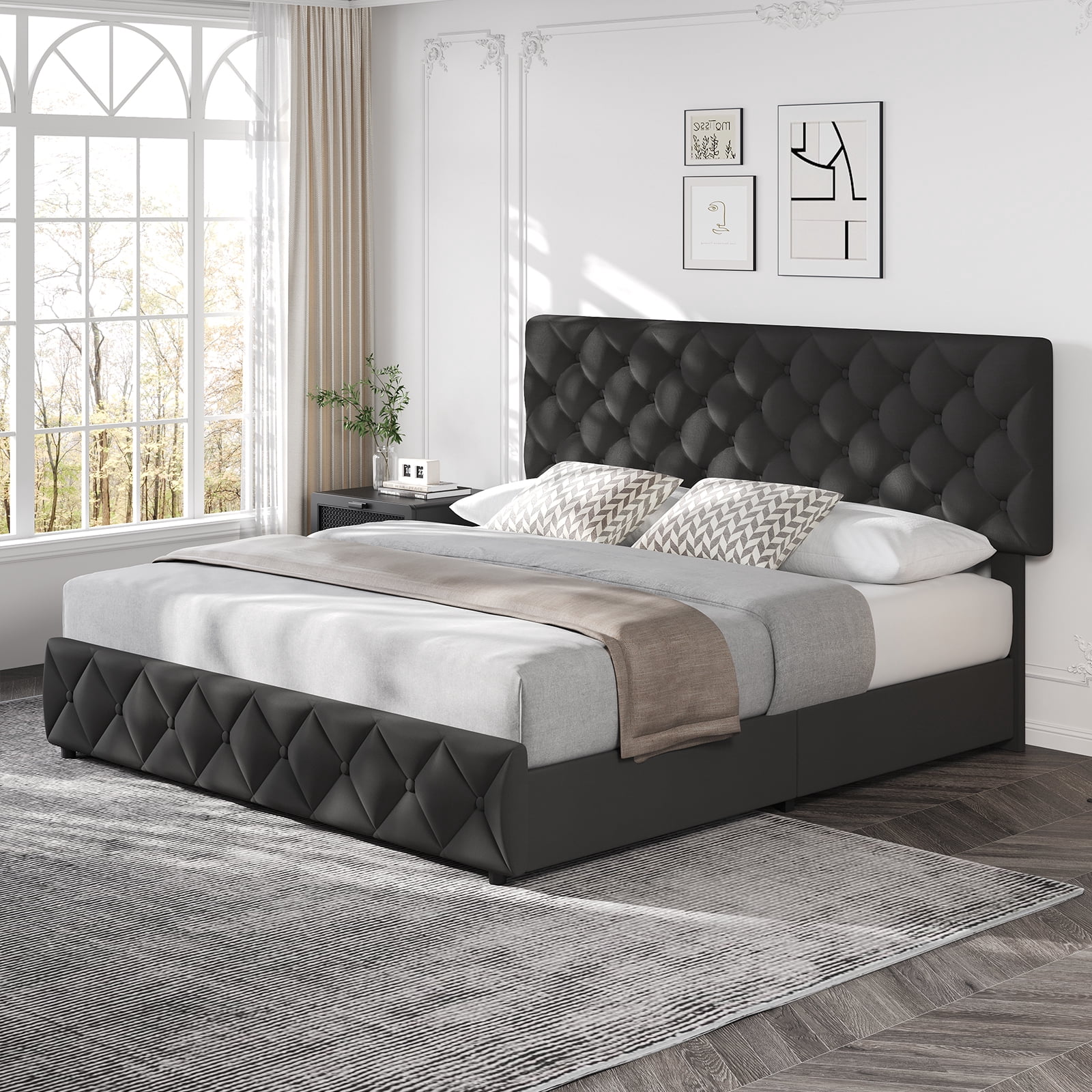 TEQIN Upholstered Queen Bed Frame with 4 Storage Drawers, Diamond Tufted Fabric Platform Bed with Sturdy Support,No Box Spring Needed, Easy Assembly, Noise Free